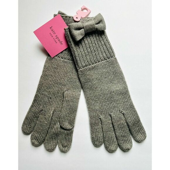 Kate Spade KS1003262C 031 Women's Heather Gray Bow Long Acrylic Knit Gloves - Picture 1 of 3